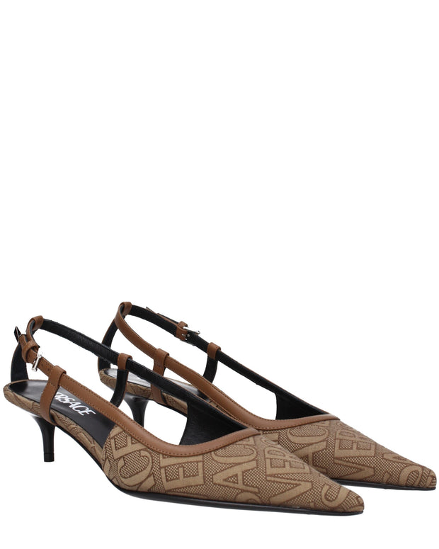 Beige Fabric Mid Heel Pumps