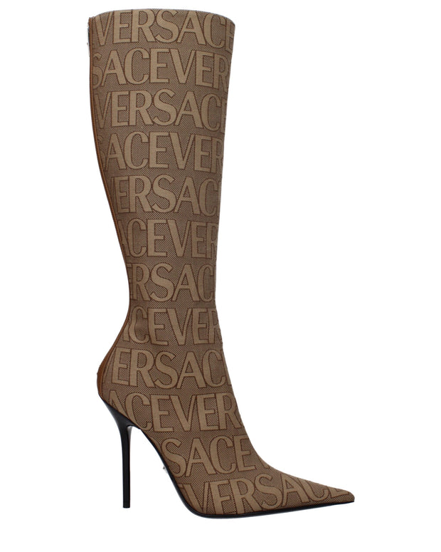 Beige Fabric High Heel Boots