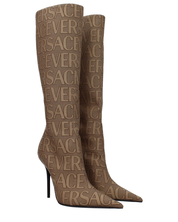 Beige Fabric High Heel Boots
