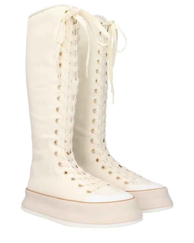 Beige Fabric Lace-Up Boots