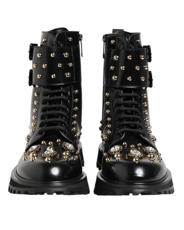 Black Studded Lace Up Mid Calf Boots Shoes