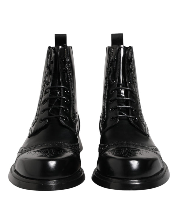 Black Leather Lace Up Mid Calf Boots Shoes