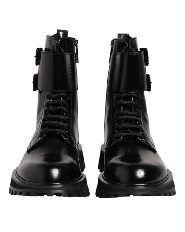 Black Leather Lace Up Mid Calf Boots Shoes