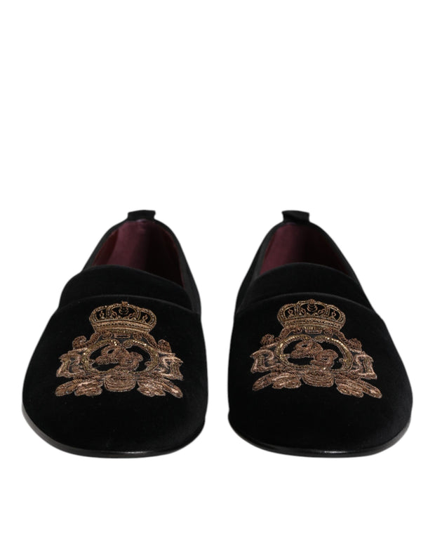 Black Velvet Gold Crown Mens Loafers Shoes