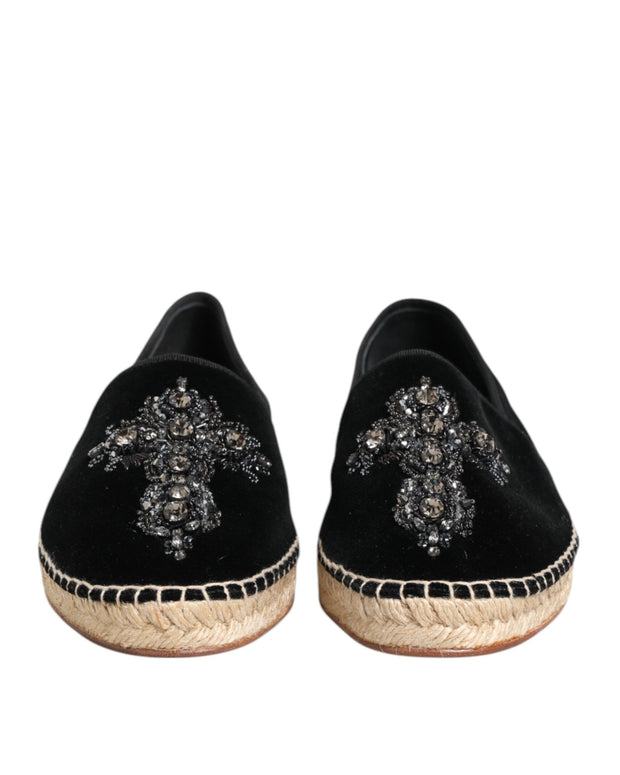 Black Cross Crystal Slip On Espadrille Shoes