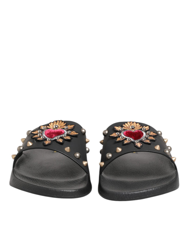 Black Rubber Sacred Heart Slides Men Beachwear Shoes