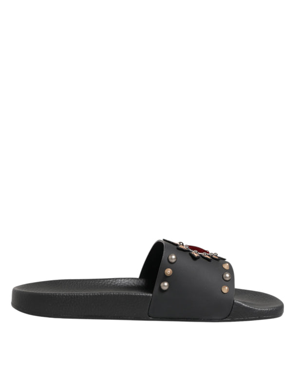 Black Rubber Sacred Heart Slides Men Beachwear Shoes