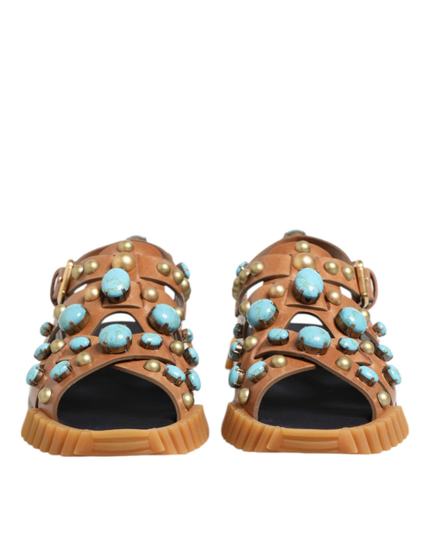 Brown Leather Studded Slides Sandals Shoes