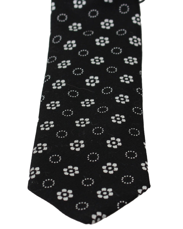 Black 100% Silk Floral Print Print Classic Tie