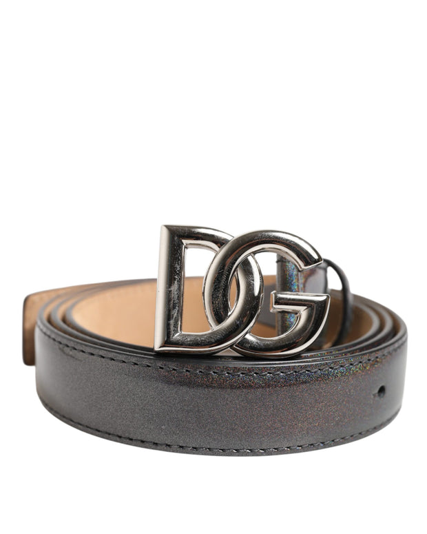 Metallic Leather Silver Tone Logo Buckle Belt