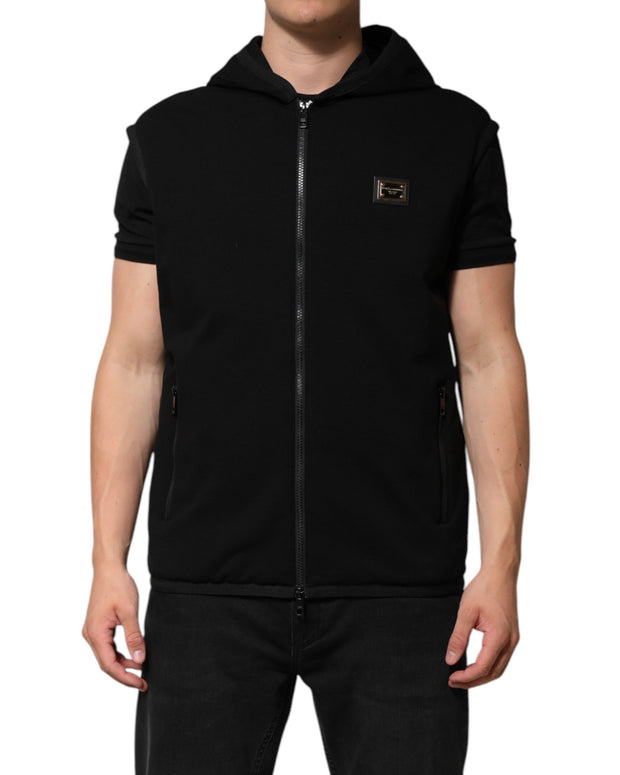 Black Sleeveless Hooded Logo Plaque Jacket