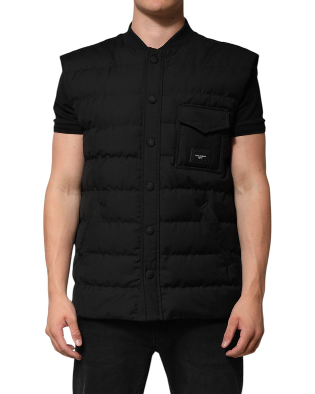 Black Sleeveless Parka Logo Plaque Jacket