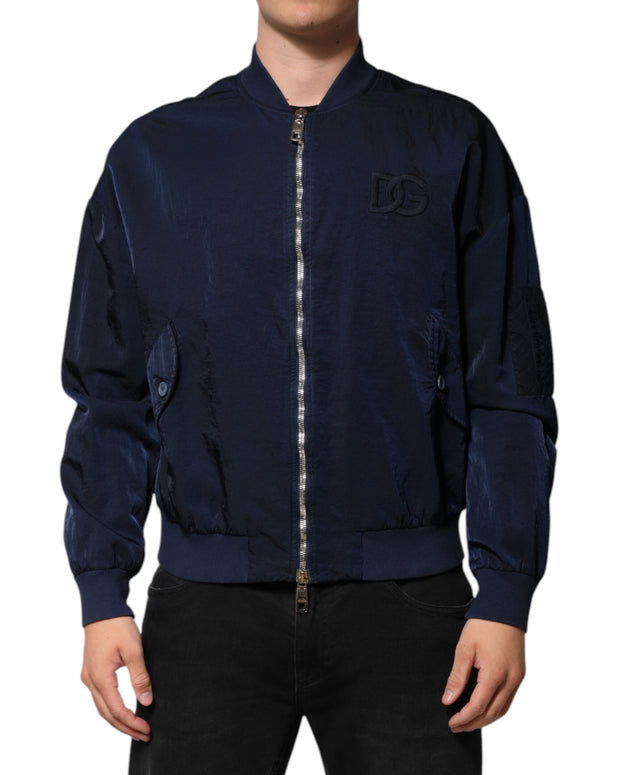 Blue Nylon DG Embroidery Men Bomber Jacket