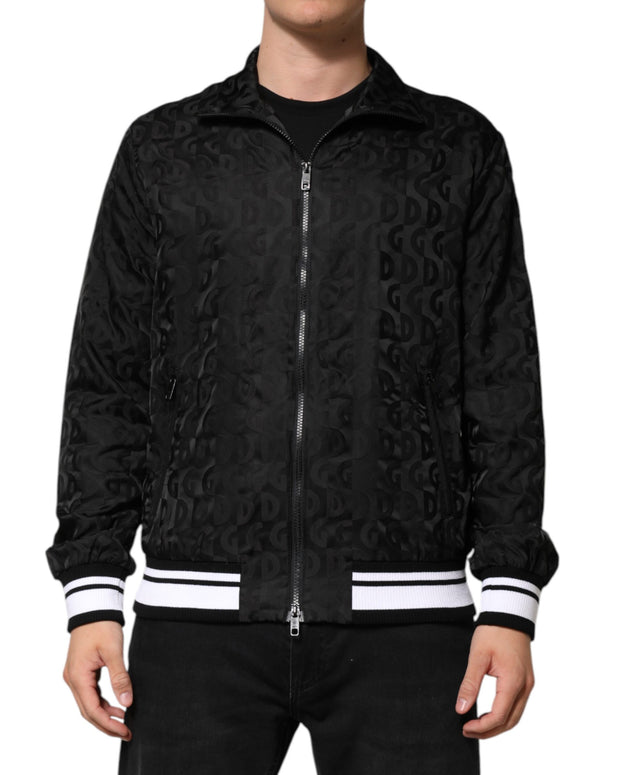 Black Jacquard Men Full Zip Bomber Sweater
