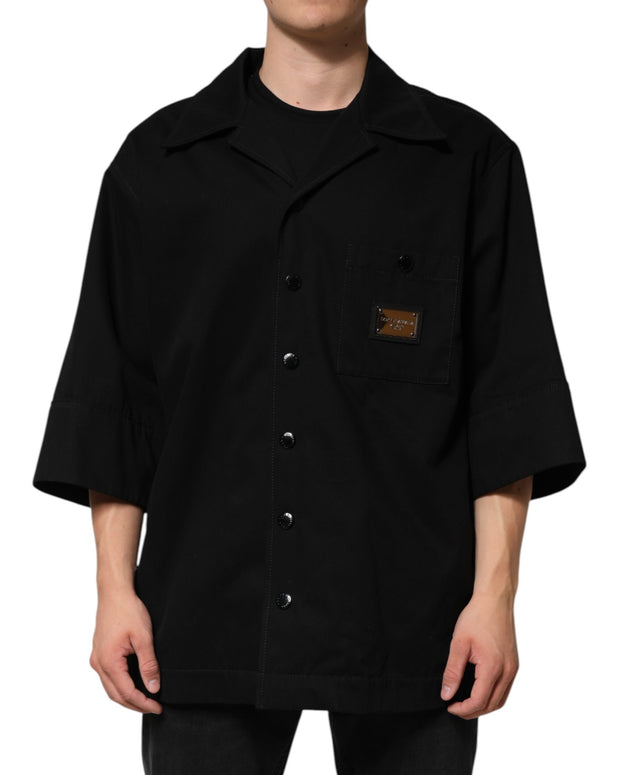 Black Short Sleeve Button Men Casual Shirt