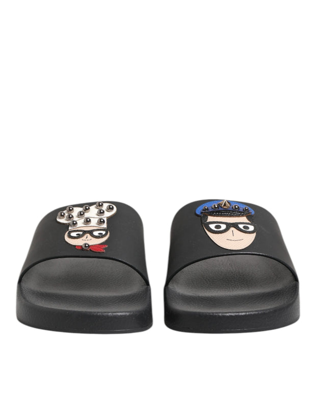Black Leather Slides Flats Beachwear Shoes