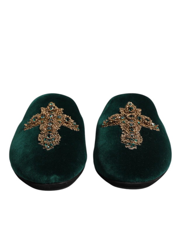 Green Velvet Cross Embellished Slippers Shoes