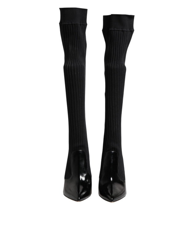 Black Leather Ribbed Knit Knee Boots Shoes