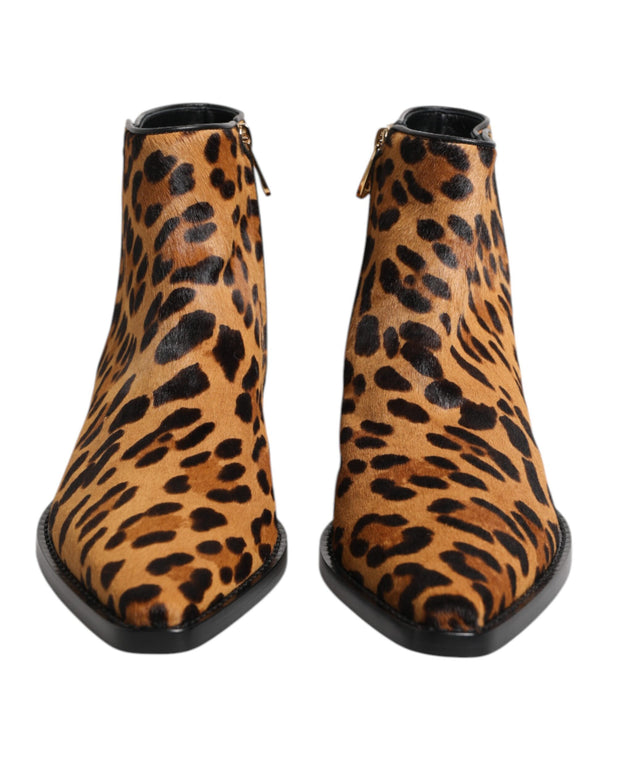 Brown Leopard Calf Fur Ankle Boots Shoes