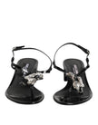 Black Leather Crystal Ankle Strap Sandals Shoes