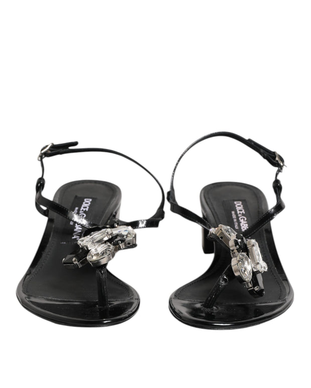 Black Leather Crystal Ankle Strap Sandals Shoes