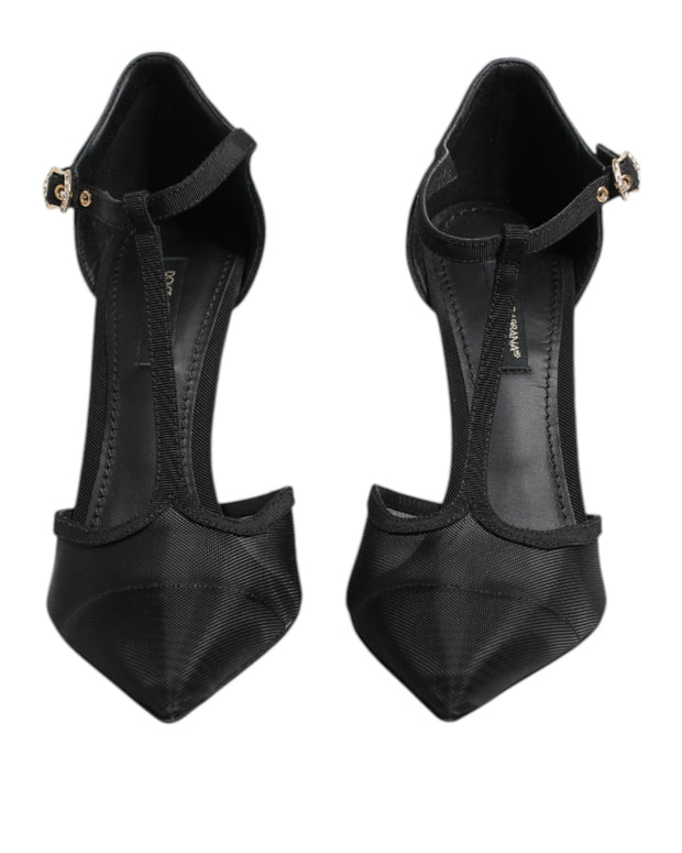 Black Mesh T-strap Stiletto High Heels Shoes