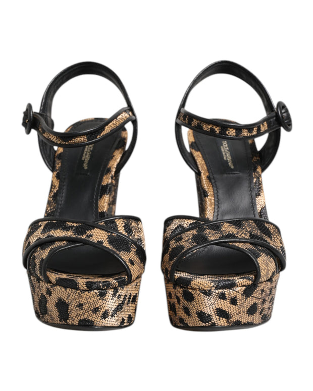 Brown Leopard Wedges Ankle Strap Sandals Shoes