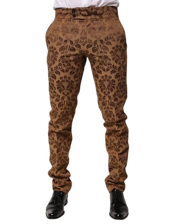 Brown Floral Jacquard Men Skinny Trouser Pants