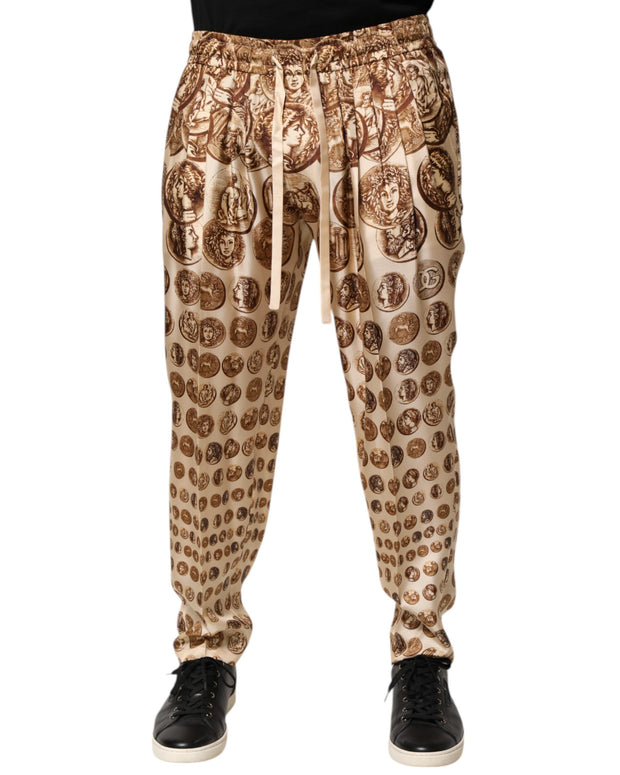 Beige Coin Print Silk Twill Men Jogger Pants