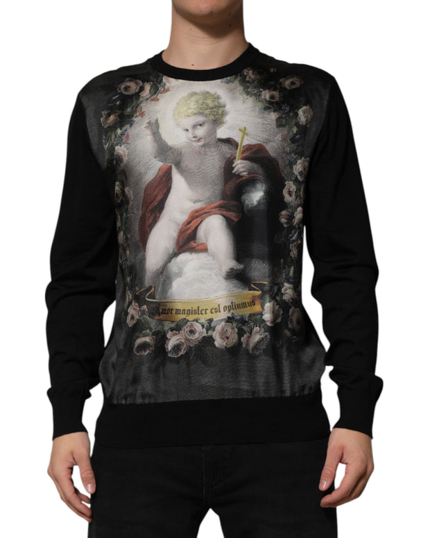 Black Cashmere Cherub Print Baroque Sweater