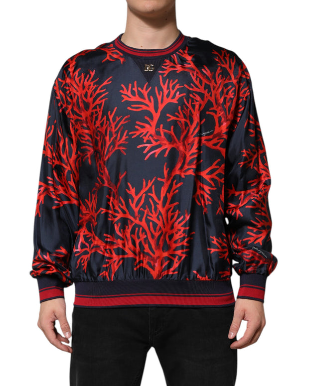 Navy Red Silk Coral Print Pullover Sweater