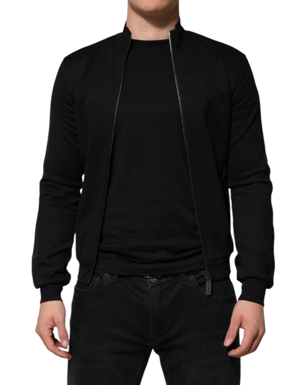 Black Cotton Logo Full Zip Men Bomber Jacket