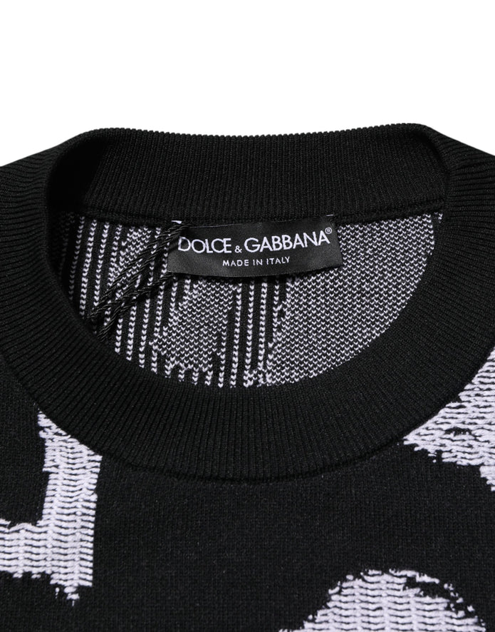 Black Nylon Wool Heart Print Pullover Sweater