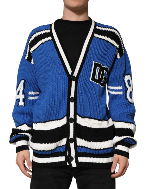 Blue Cotton Logo Patch Ribbed Knit Cardigan Sweater