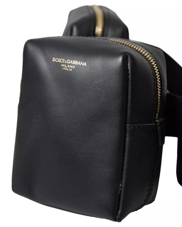 Black Calfskin Leather Double Waist Belt Fanny Pack Bag