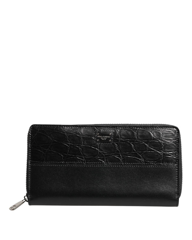 Black Leather Logo Plaque Zip Around Continental Wallet