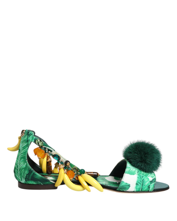 Green Mink Fur Satin Banana Leaf Sandals Shoes