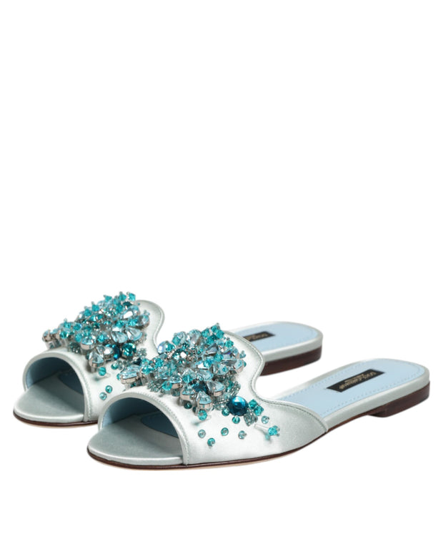 Silver Blue Leather Bead Embellish Slide Shoes