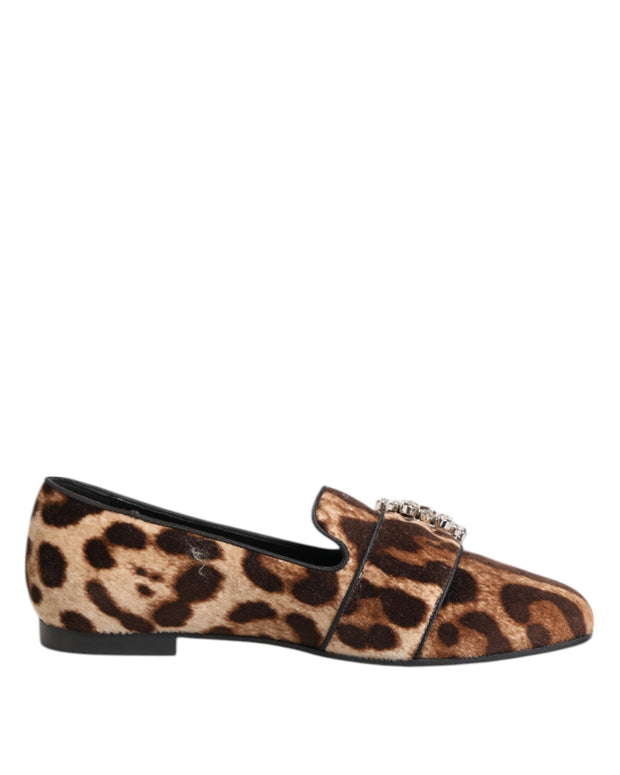 Brown Leopard Print Crystals Loafers Flats Shoes