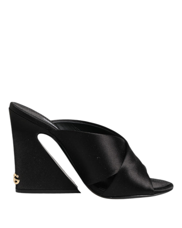 Black Logo KEIRA Satin Slides Sandals Shoes