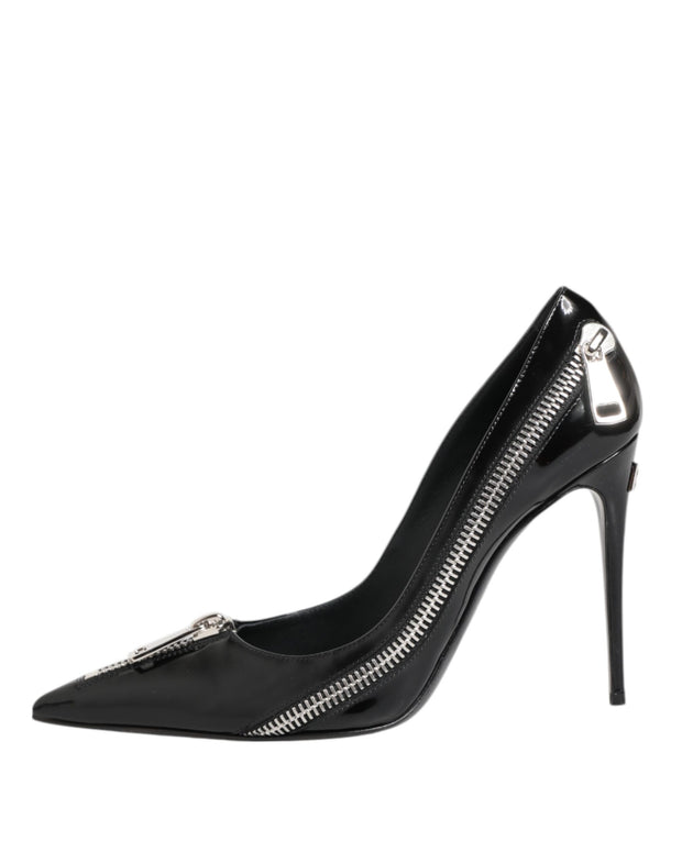 Black Patent Leather Zipper Heels Pumps Shoes