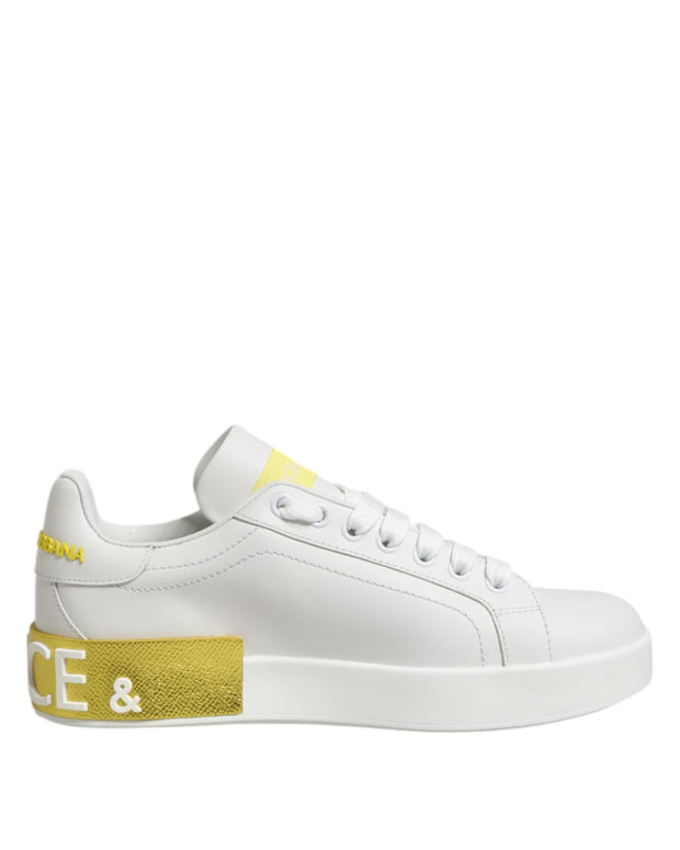 White Yellow Leather Low Top Sneakers Shoes