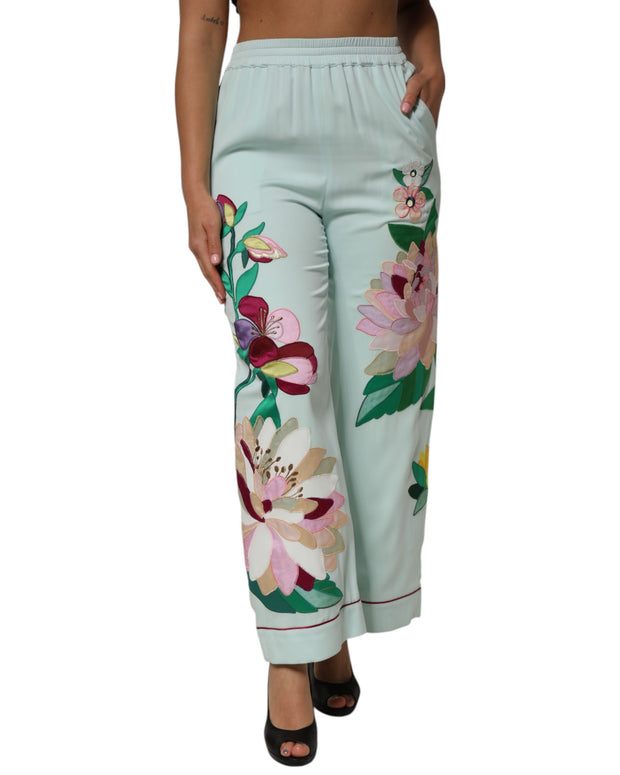 Green Floral Garterized Straight Pajama Pants