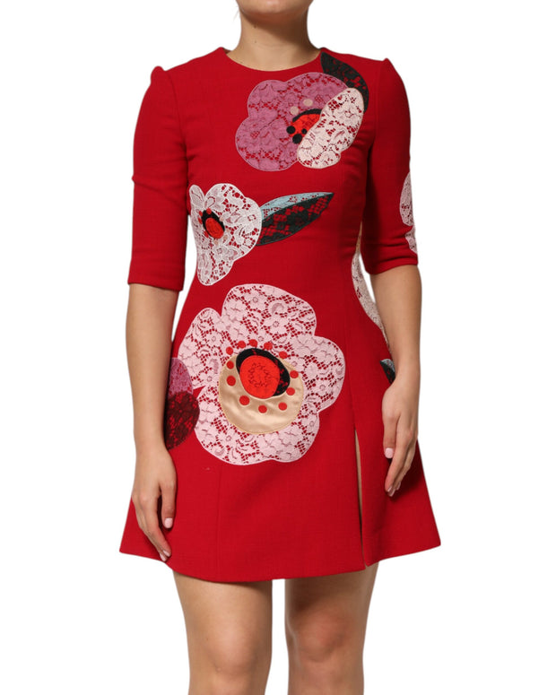 Red Lace Floral Applique A-line Mini Dress