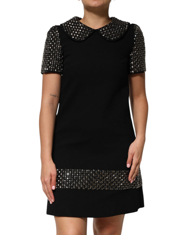 Black Crystal Embellished Collared Mini Dress