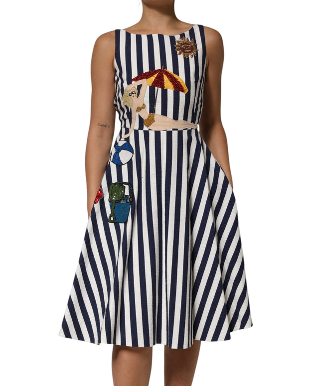 Blue White Striped Embroidered A-line Dress