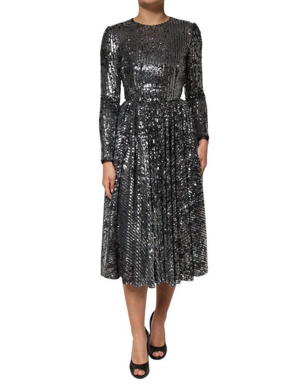Black Sequined Long Sleeves Midi A-line  Dress