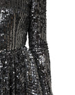 Black Sequined Long Sleeves Midi A-line  Dress