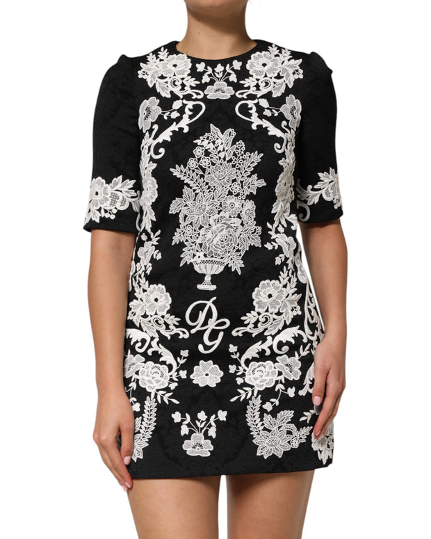 Black Lace Trim Short Sleeves A-line Dress