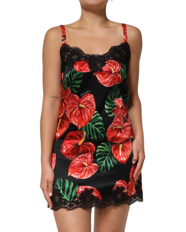 Black Floral Lace Trim Chemise Lingerie Dress